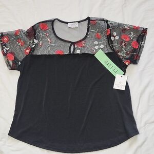 Autumn Skye Black Top with Red Sheer Floral Design